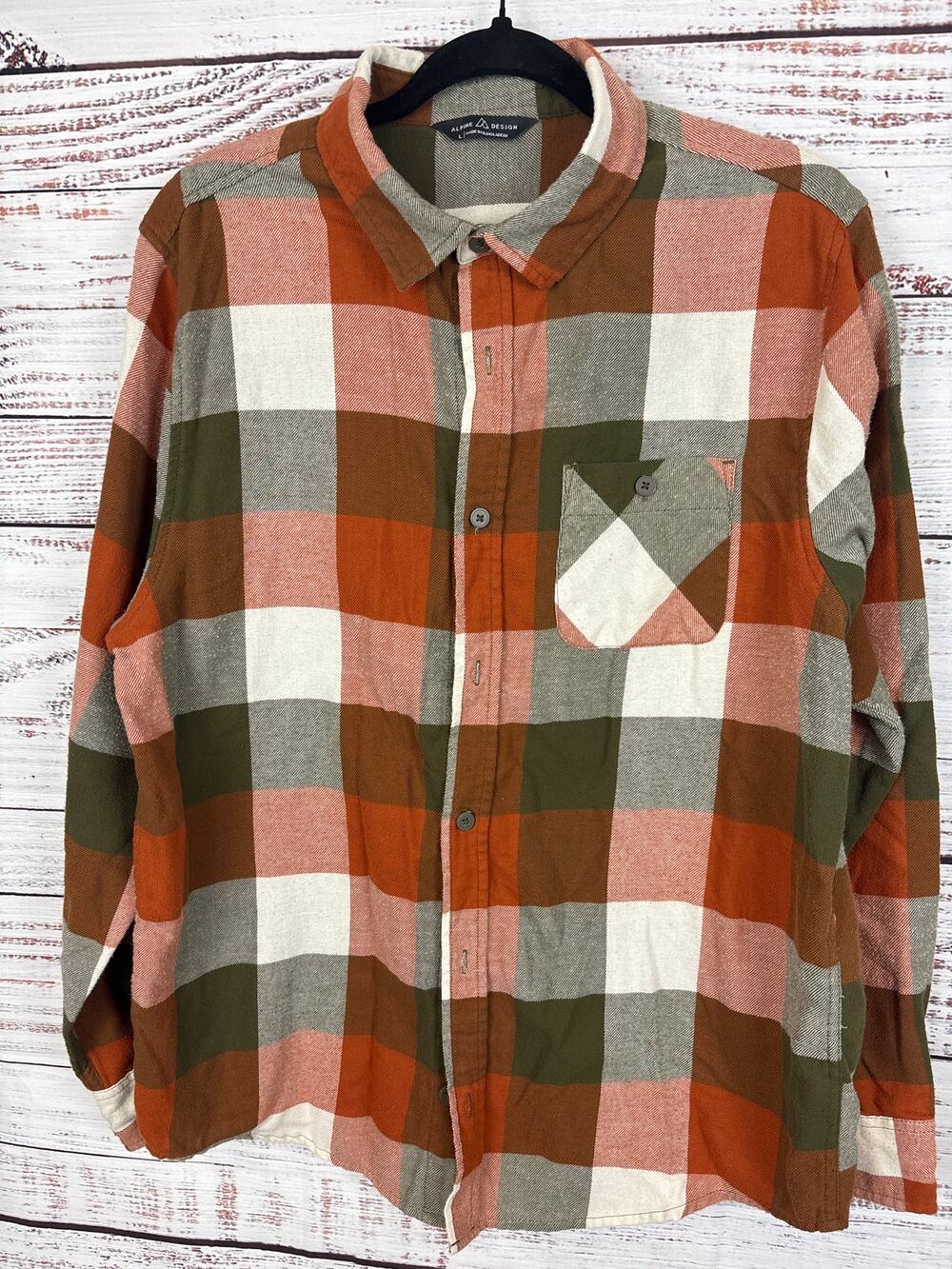 Alpine Design Orange Brown Plaid Flannel Button Down Shirt Mens L Casual Cabin